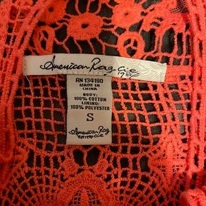 Crochet midi dress, has attached slip, scalloped hem